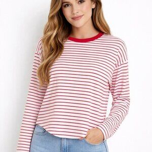 Forever 21 Red White Striped Long Sleeve Twist Front Top Size Large